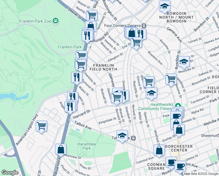 map of restaurants, bars, coffee shops, grocery stores, and more near 39 Gleason Street in Boston