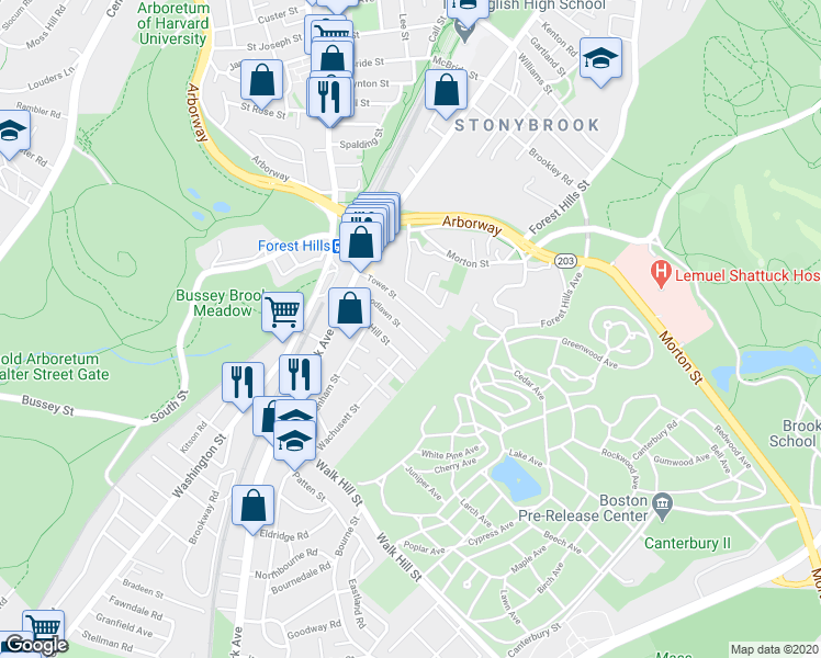 map of restaurants, bars, coffee shops, grocery stores, and more near 48 Woodlawn Street in Boston