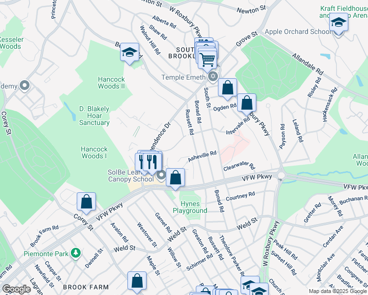 map of restaurants, bars, coffee shops, grocery stores, and more near 26 Thornton Road in Brookline