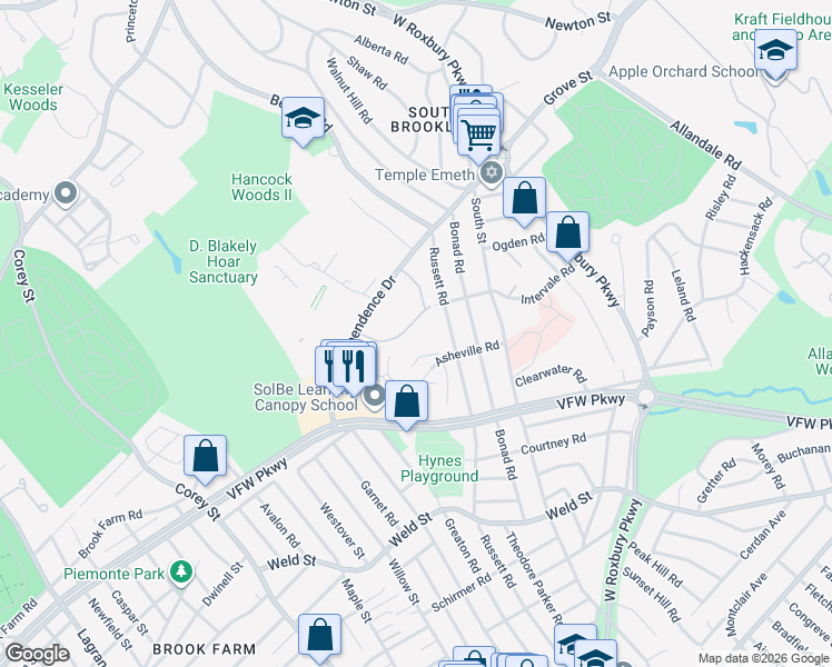 map of restaurants, bars, coffee shops, grocery stores, and more near 26 Thornton Road in Brookline