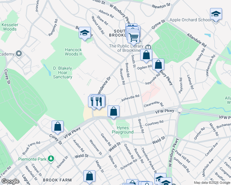 map of restaurants, bars, coffee shops, grocery stores, and more near 26 Thornton Road in Brookline