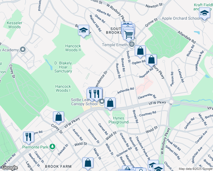 map of restaurants, bars, coffee shops, grocery stores, and more near 91 Thornton Road in Brookline