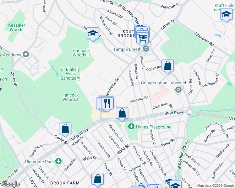 map of restaurants, bars, coffee shops, grocery stores, and more near 91 Thornton Road in Brookline