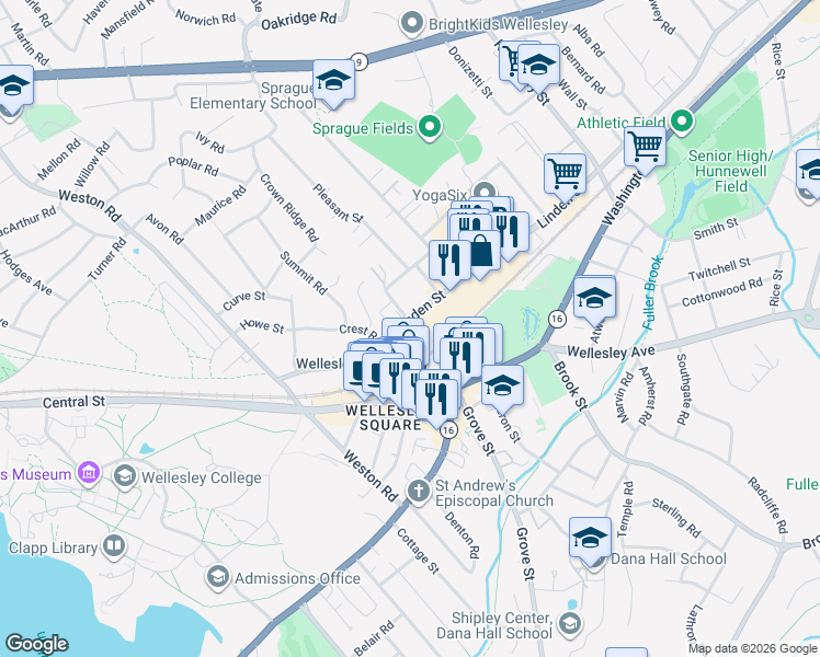 map of restaurants, bars, coffee shops, grocery stores, and more near 2 Hollis Street in Wellesley