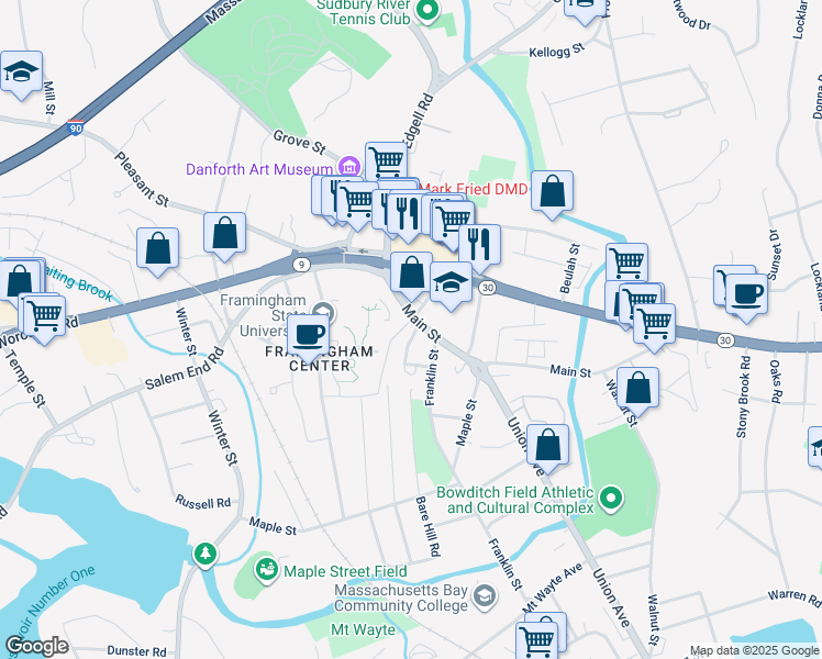 map of restaurants, bars, coffee shops, grocery stores, and more near 26a Main Street in Framingham