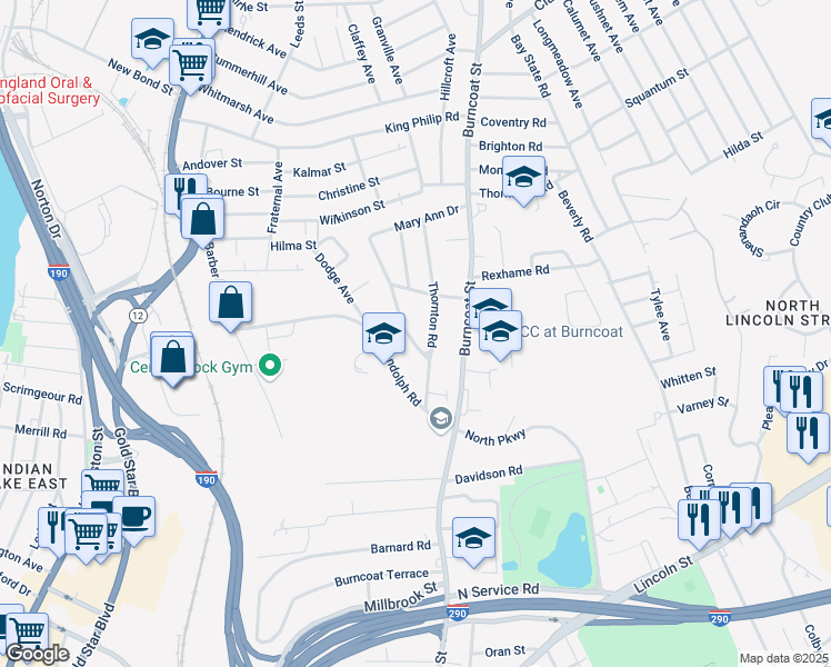 map of restaurants, bars, coffee shops, grocery stores, and more near 4 Mary Ann Drive in Worcester