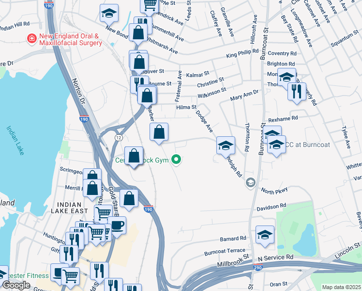 map of restaurants, bars, coffee shops, grocery stores, and more near 111 Randolph Road in Worcester