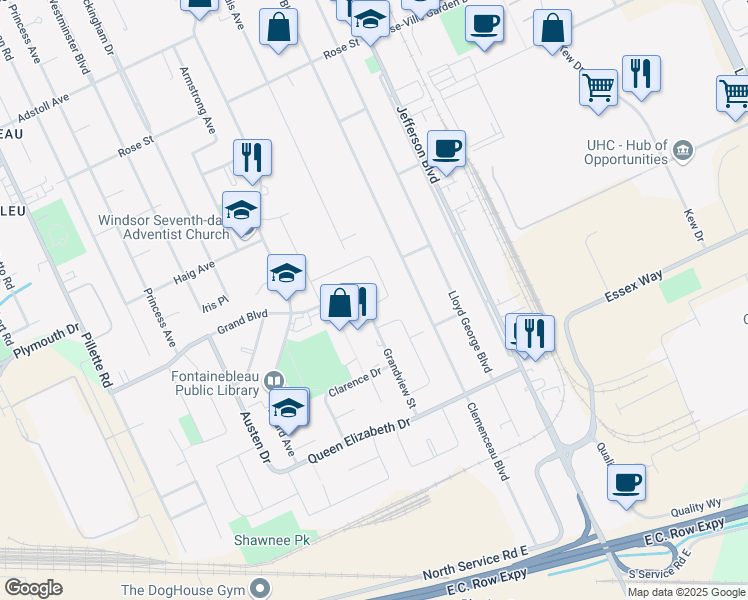 map of restaurants, bars, coffee shops, grocery stores, and more near 5682 Baldwin Avenue in Windsor