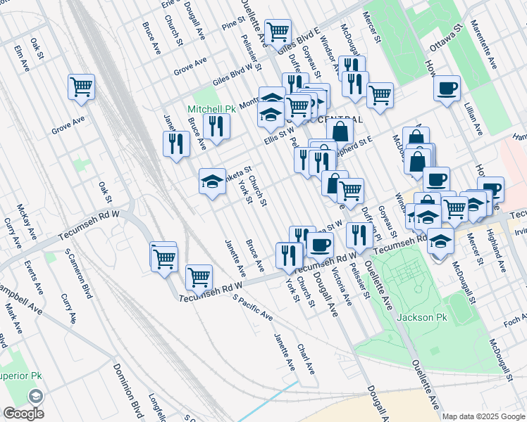 map of restaurants, bars, coffee shops, grocery stores, and more near 1530 Church Street in Windsor
