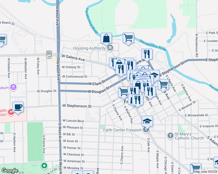 map of restaurants, bars, coffee shops, grocery stores, and more near 318 West Douglas Street in Freeport