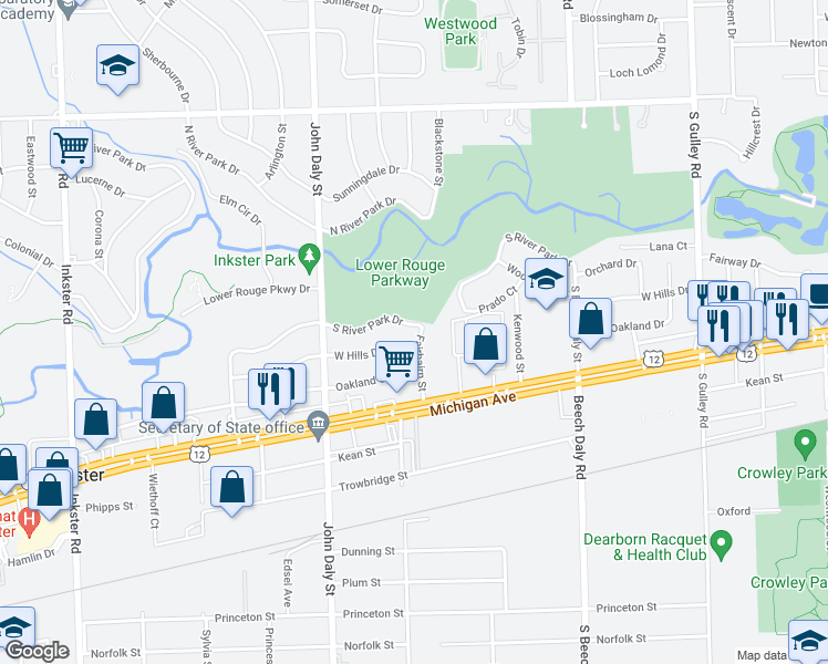 map of restaurants, bars, coffee shops, grocery stores, and more near 26265 South River Park Drive in Inkster