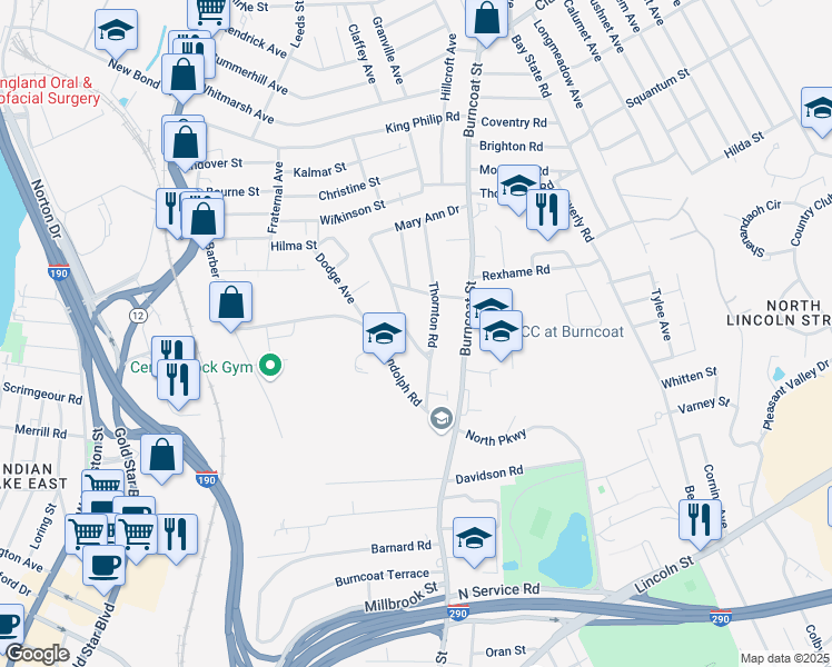 map of restaurants, bars, coffee shops, grocery stores, and more near 4 Mary Ann Drive in Worcester