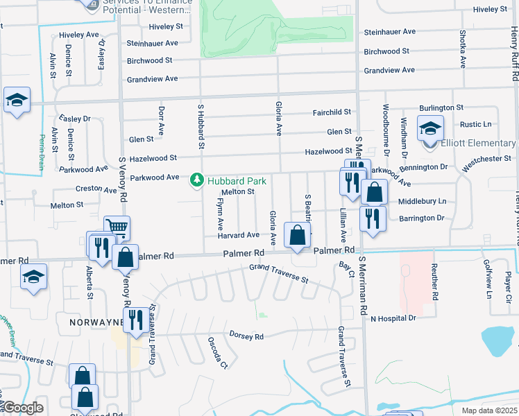 map of restaurants, bars, coffee shops, grocery stores, and more near 1555 Northgate Street in Westland
