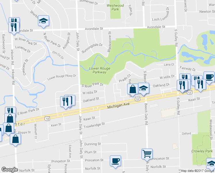 map of restaurants, bars, coffee shops, grocery stores, and more near 1609 Fairbairn Street in Inkster