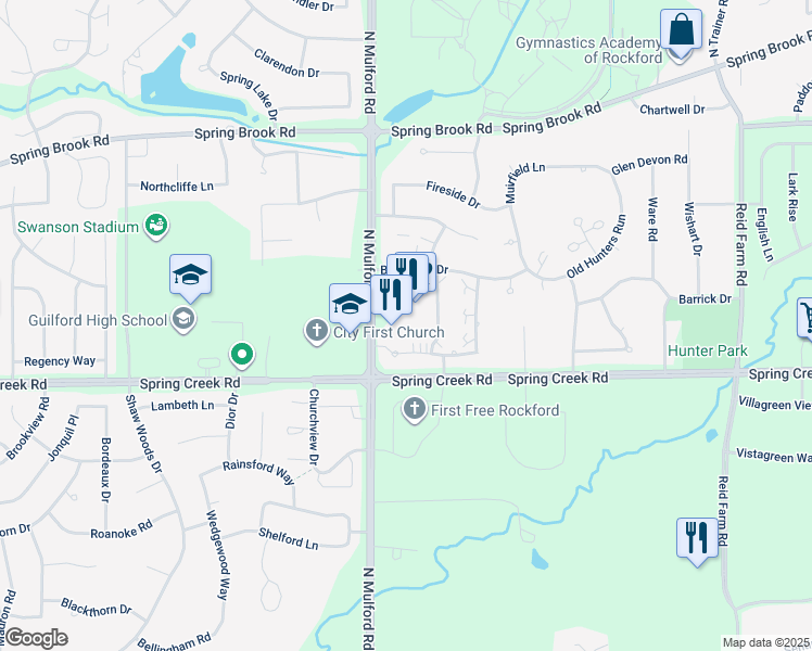 map of restaurants, bars, coffee shops, grocery stores, and more near 2581 North Mulford Road in Rockford