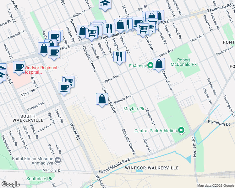map of restaurants, bars, coffee shops, grocery stores, and more near 2470 Alexis Road in Windsor