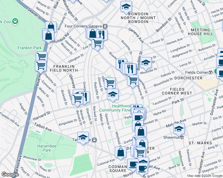 map of restaurants, bars, coffee shops, grocery stores, and more near 45 Harvard Street in Boston