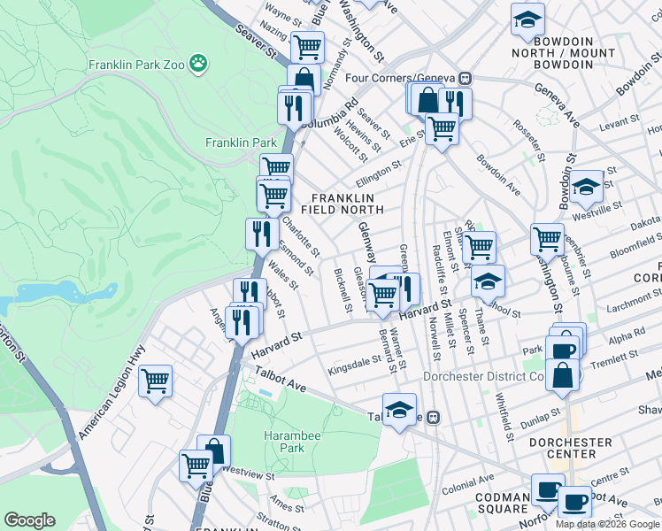 map of restaurants, bars, coffee shops, grocery stores, and more near 54 Bicknell Street in Boston