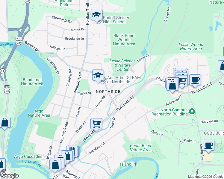 map of restaurants, bars, coffee shops, grocery stores, and more near 1712 Traver Road in Ann Arbor