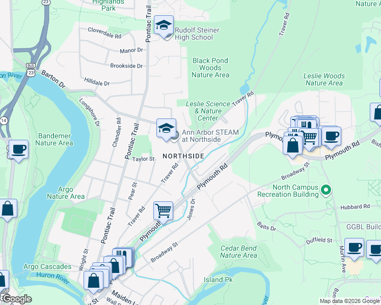 map of restaurants, bars, coffee shops, grocery stores, and more near 1712 Traver Road in Ann Arbor