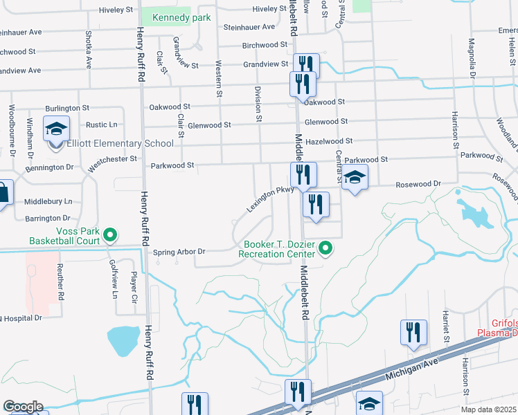 map of restaurants, bars, coffee shops, grocery stores, and more near 1665 Lexington Parkway in Inkster