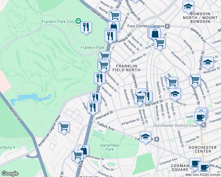 map of restaurants, bars, coffee shops, grocery stores, and more near 39 Esmond Street in Boston