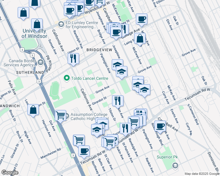 map of restaurants, bars, coffee shops, grocery stores, and more near 2083 Grove Avenue in Windsor