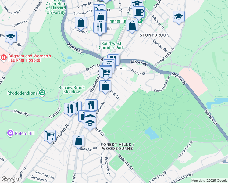 map of restaurants, bars, coffee shops, grocery stores, and more near 48 Woodlawn Street in Boston