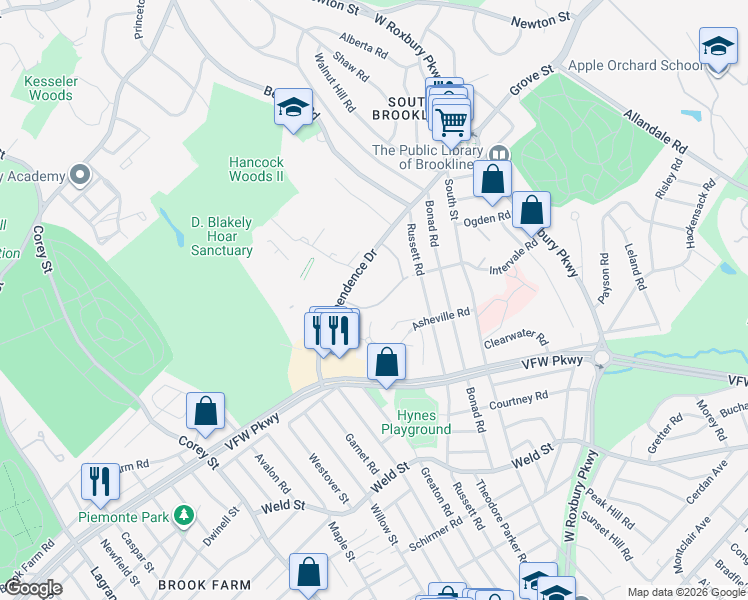 map of restaurants, bars, coffee shops, grocery stores, and more near 91 Thornton Road in Brookline