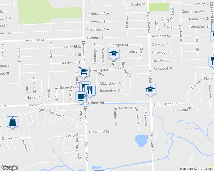 map of restaurants, bars, coffee shops, grocery stores, and more near 30857 Middlebury Street in Westland