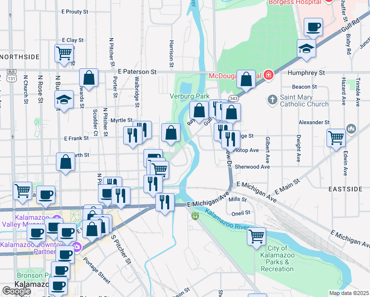 map of restaurants, bars, coffee shops, grocery stores, and more near 700 Caves Court in Kalamazoo