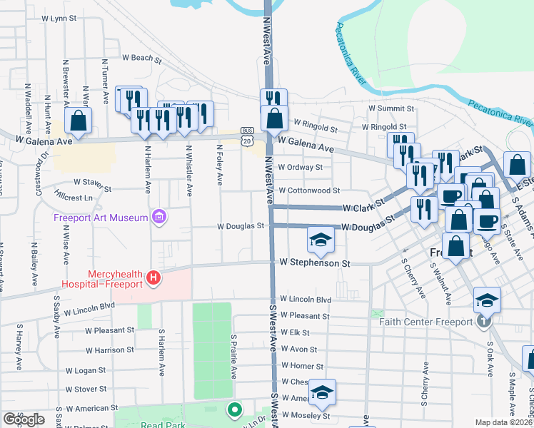 map of restaurants, bars, coffee shops, grocery stores, and more near 218 North West Avenue in Freeport