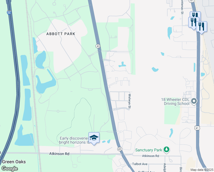 map of restaurants, bars, coffee shops, grocery stores, and more near 30027 Waukegan Road in Lake Bluff