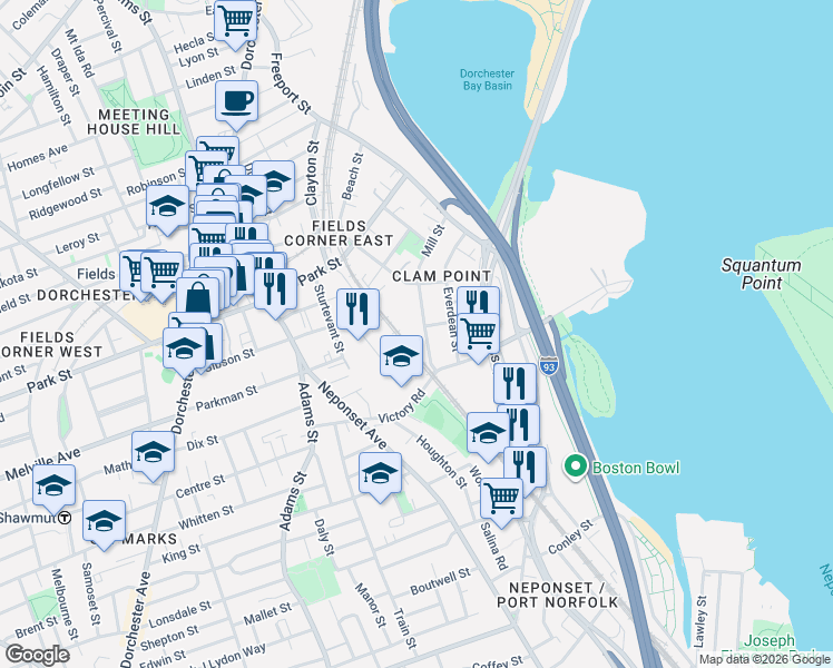 map of restaurants, bars, coffee shops, grocery stores, and more near 41 Mill Street in Boston