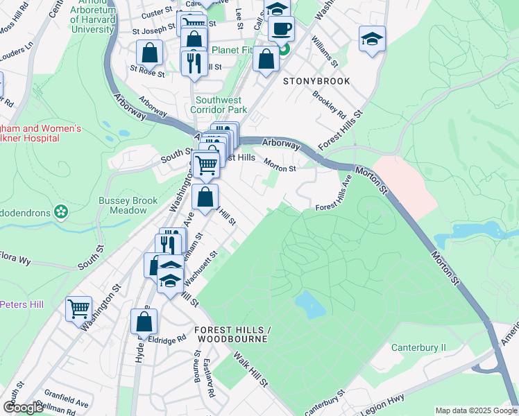map of restaurants, bars, coffee shops, grocery stores, and more near 76-78 Tower Street in Boston