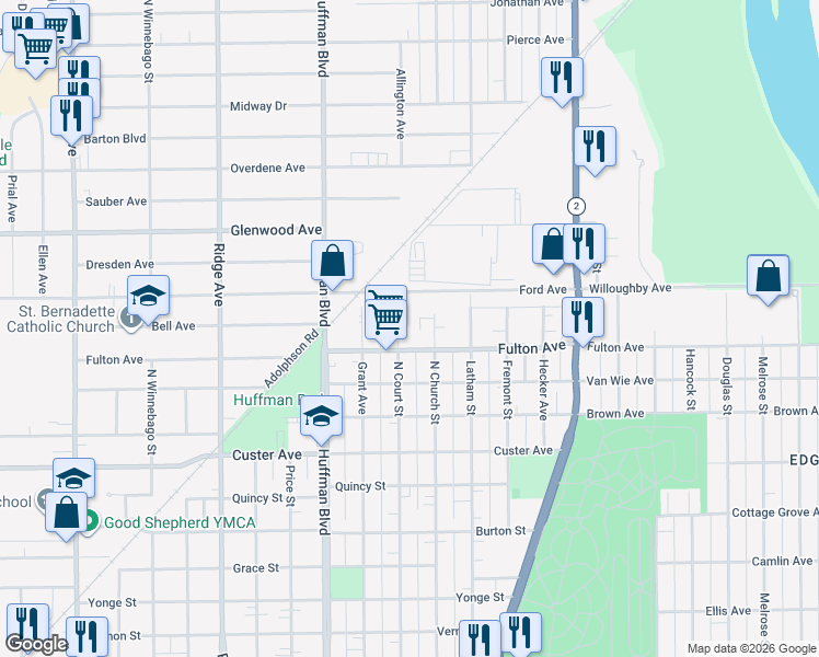 map of restaurants, bars, coffee shops, grocery stores, and more near 2421 North Court Street in Rockford