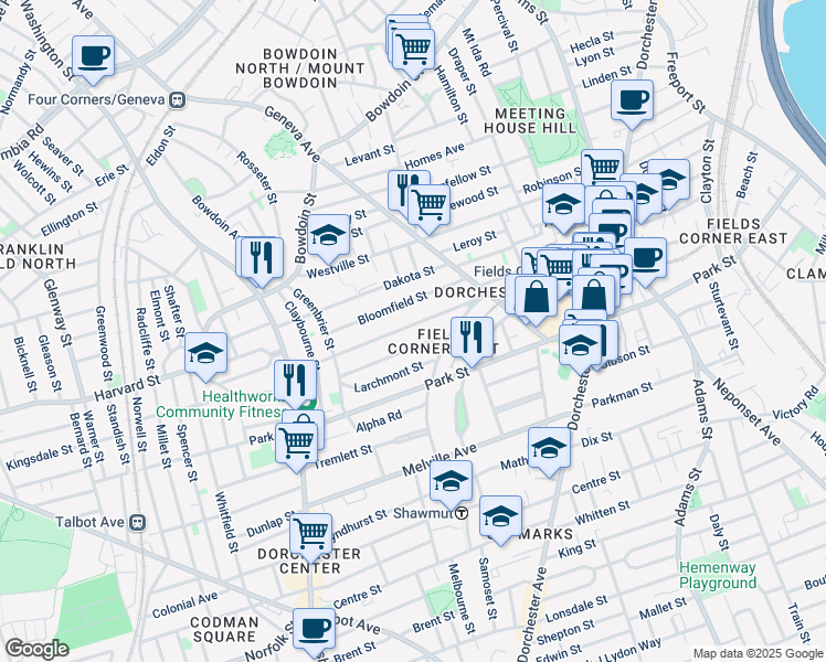 map of restaurants, bars, coffee shops, grocery stores, and more near 50 Tonawanda Street in Boston
