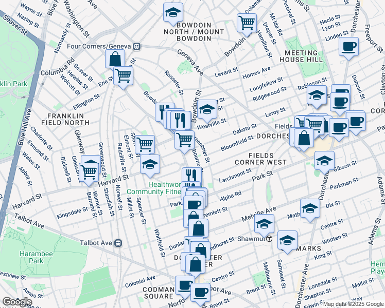 map of restaurants, bars, coffee shops, grocery stores, and more near 45 Greenbrier Street in Boston