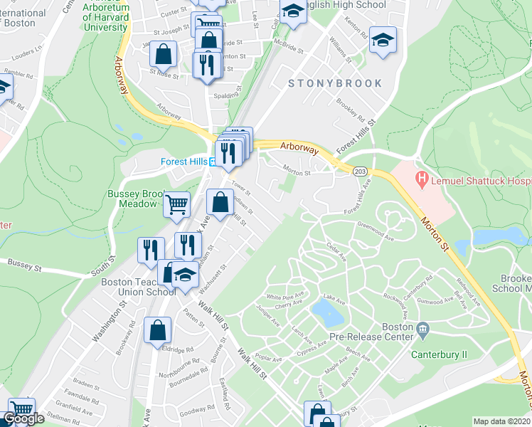 map of restaurants, bars, coffee shops, grocery stores, and more near 76-78 Tower Street in Boston