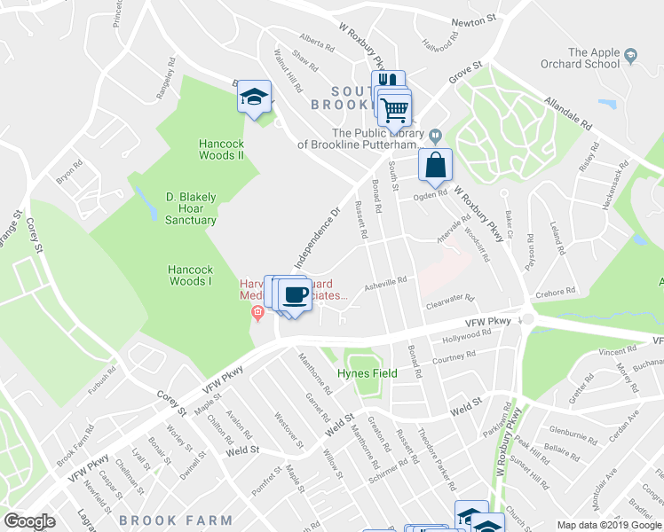 map of restaurants, bars, coffee shops, grocery stores, and more near 91 Thornton Road in Brookline