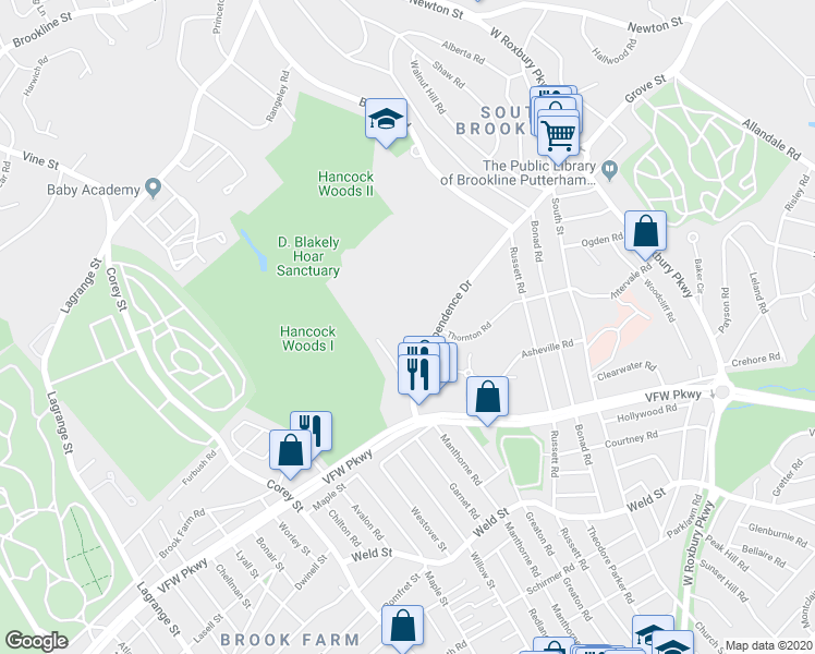 map of restaurants, bars, coffee shops, grocery stores, and more near 40 Sherman Road in Boston