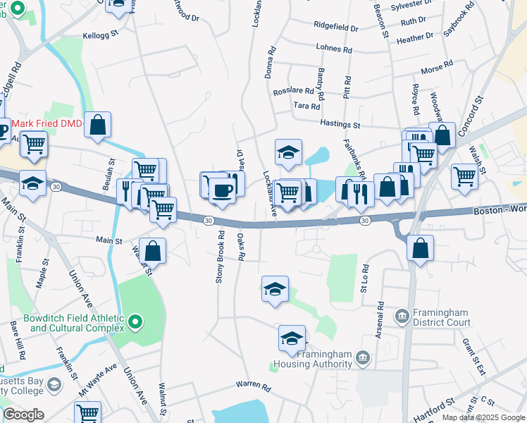 map of restaurants, bars, coffee shops, grocery stores, and more near 541 Massachusetts 30 in Framingham