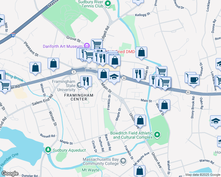 map of restaurants, bars, coffee shops, grocery stores, and more near 26a Main Street in Framingham