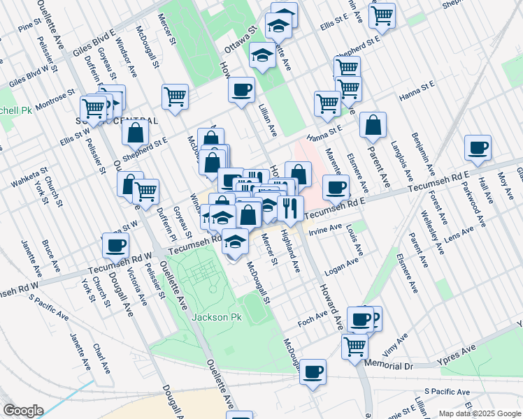 map of restaurants, bars, coffee shops, grocery stores, and more near 1697 Highland Avenue in Windsor