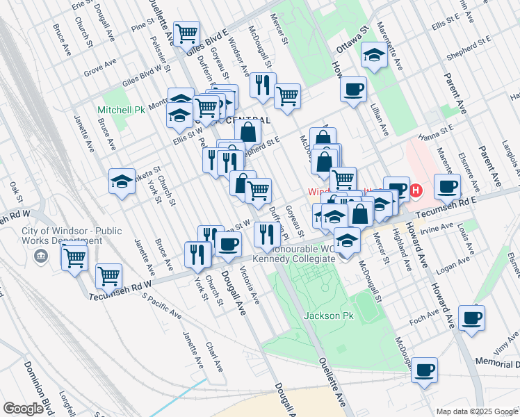 map of restaurants, bars, coffee shops, grocery stores, and more near 1584 Ouellette Avenue in Windsor