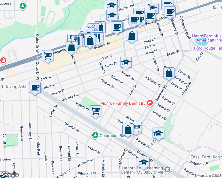map of restaurants, bars, coffee shops, grocery stores, and more near 22515 Gregory Street in Dearborn