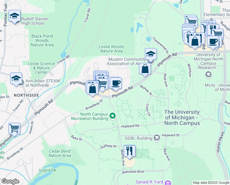 map of restaurants, bars, coffee shops, grocery stores, and more near 1773 Plymouth Road in Ann Arbor