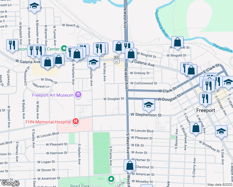 map of restaurants, bars, coffee shops, grocery stores, and more near 308 North Powell Avenue in Freeport