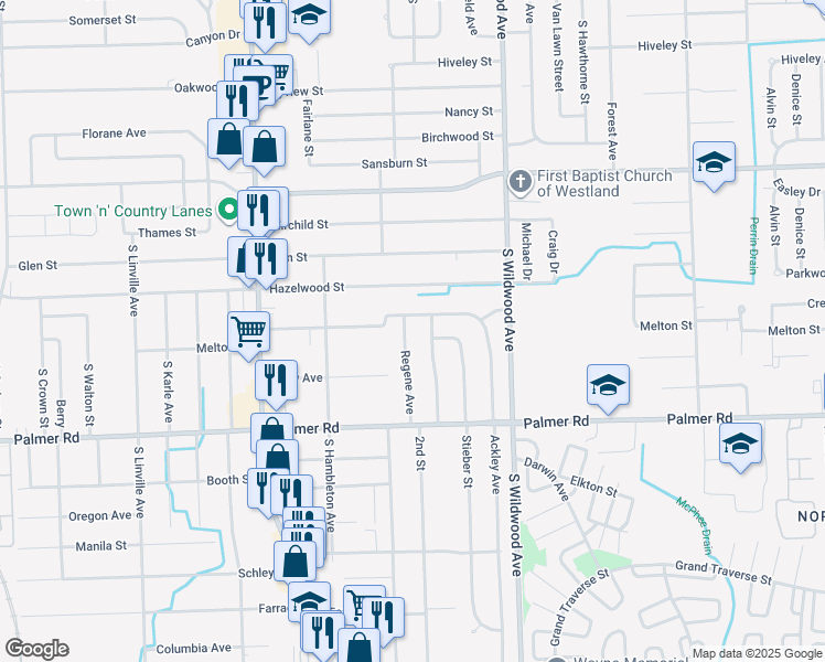 map of restaurants, bars, coffee shops, grocery stores, and more near 1535 Regene Street in Westland