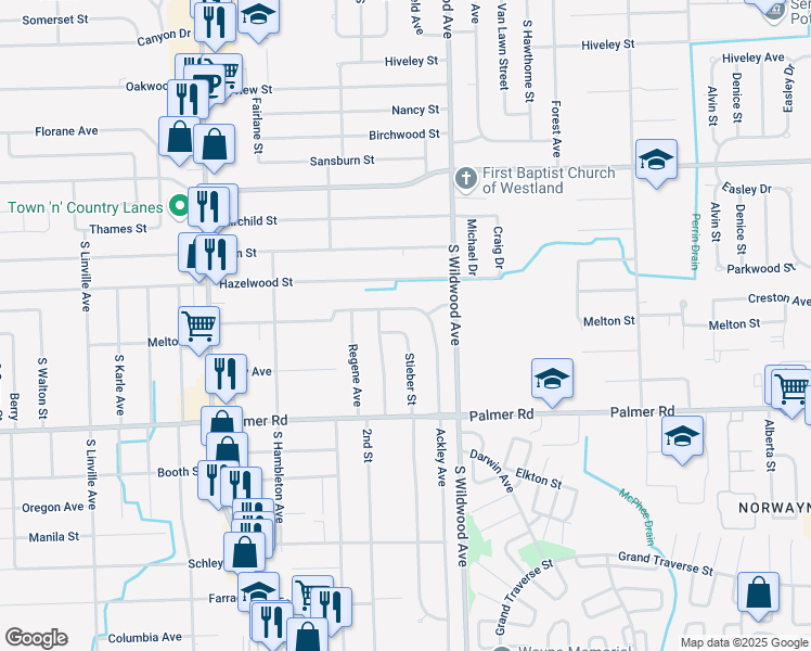 map of restaurants, bars, coffee shops, grocery stores, and more near 1591 Susan St in Westland